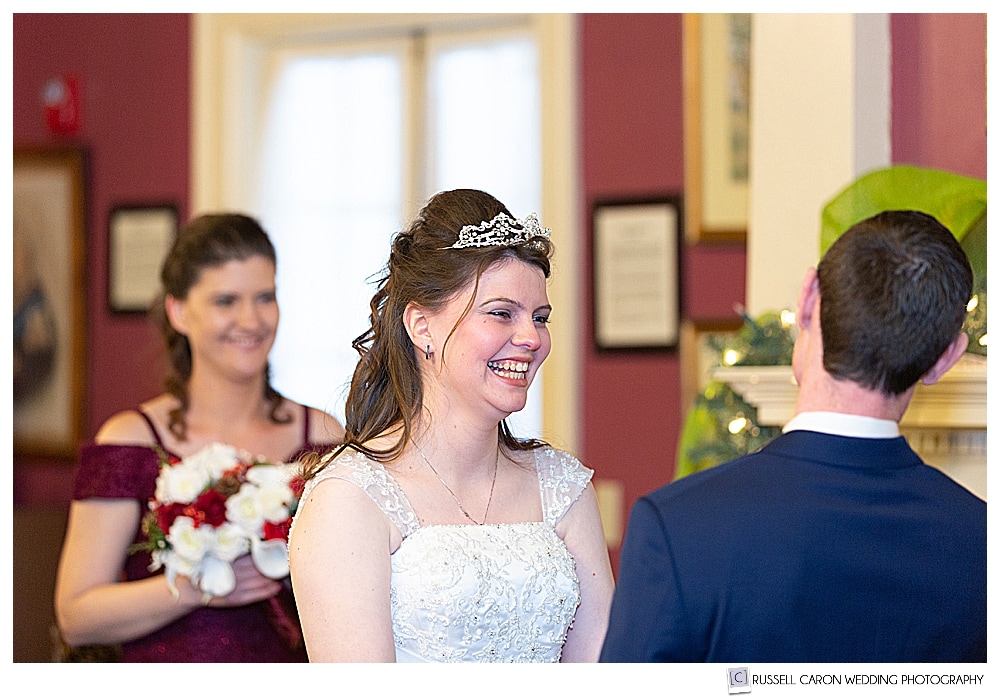bride smiling during Bethel Inn Maine wedding ceremony