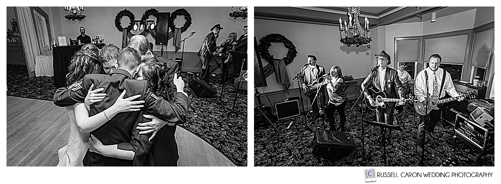 black and white photos of bridal party huddle, and the Veggies by Day band