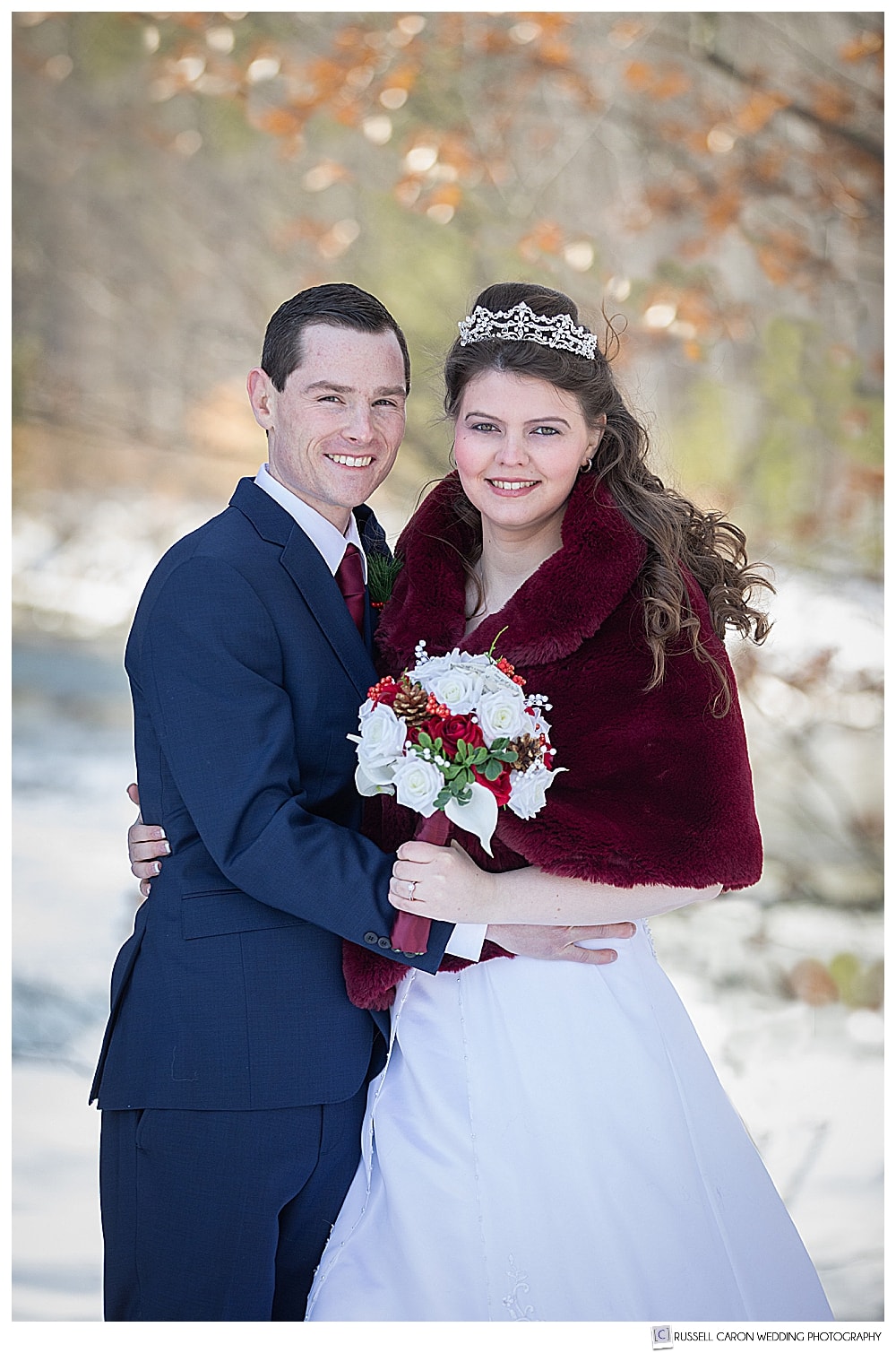 bride and groom portrait during winter Bethel Maine wedding