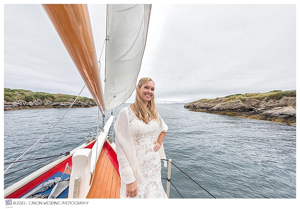bride sailing on a schooner in Maine