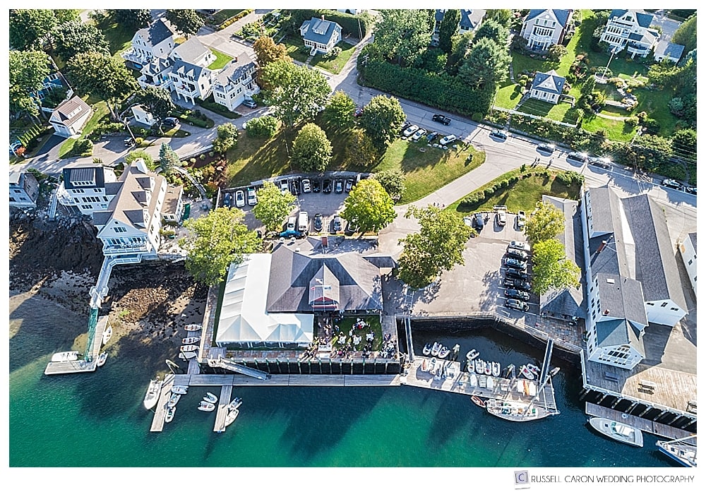 drone photo of the Camden Yacht Club, Camden, Maine, by maine drone wedding photographer Russell Caron