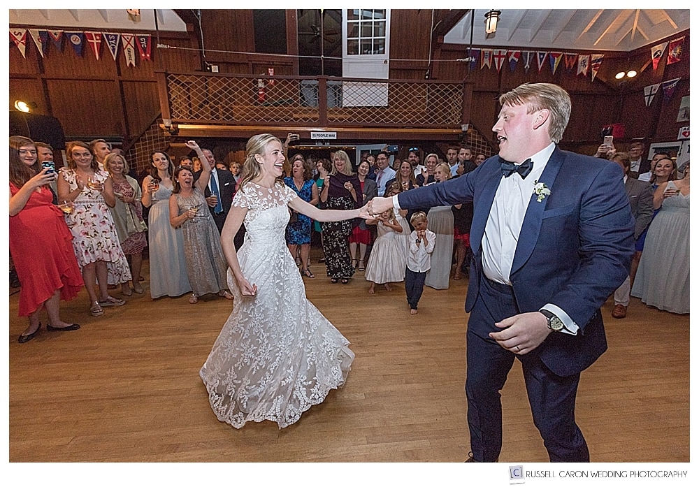 bride and groom's first dance at their camden yacht club wedding reception