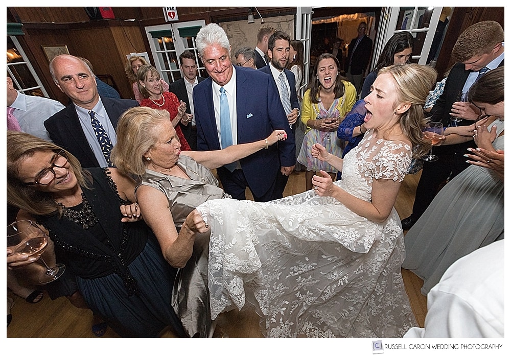 bride dancing to Search Party band during her Camden Yacht Club wedding reception, Camden, Maine