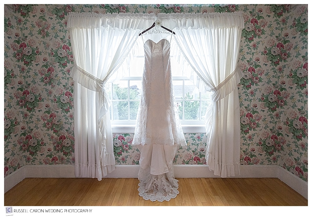 wedding dress hanging at the Colony Hotel Kennebunkport Maine