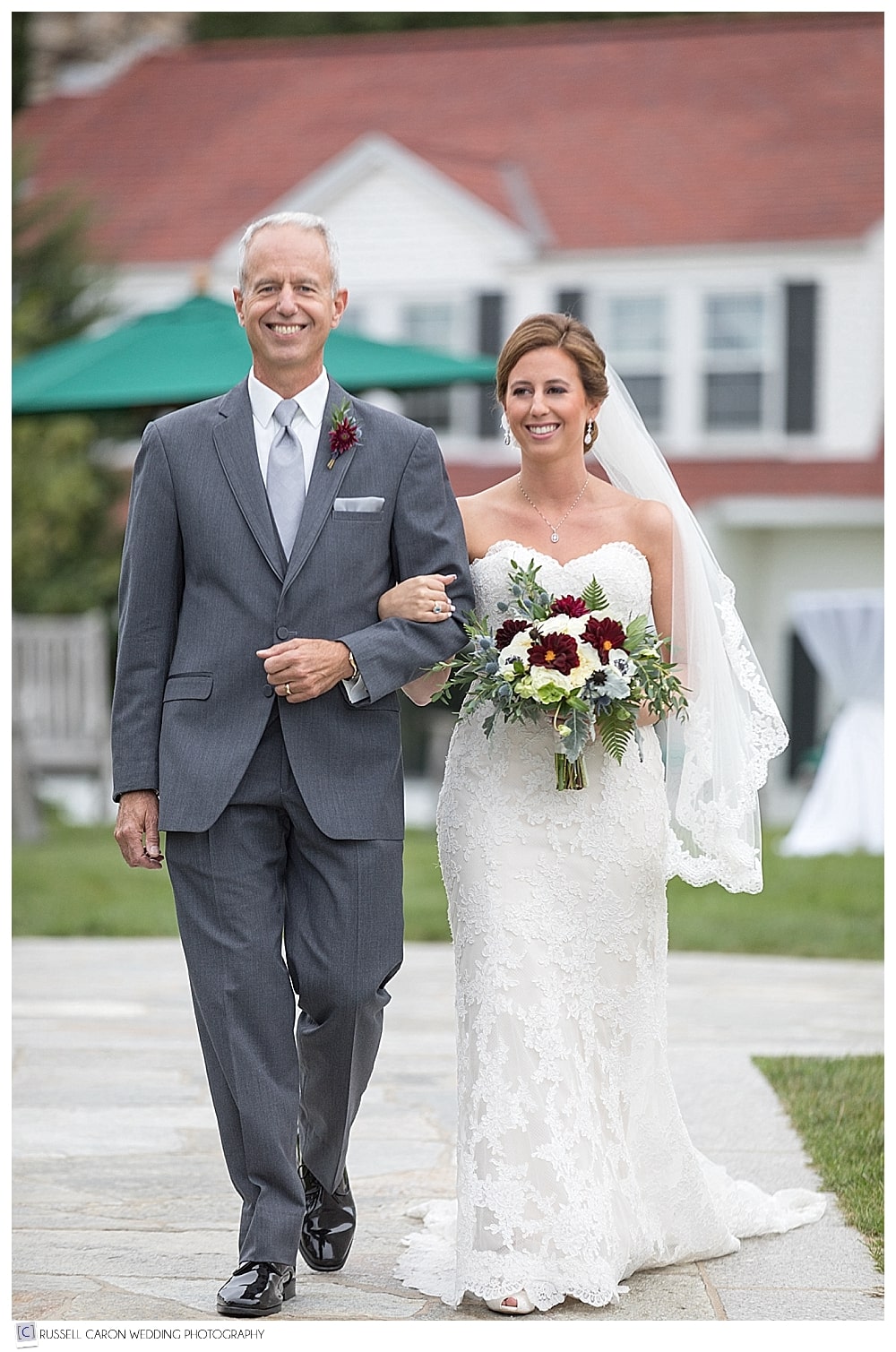 bride and her father walking down the aisle at a classic Colony Hotel wedding, Kennebunkport, Maine