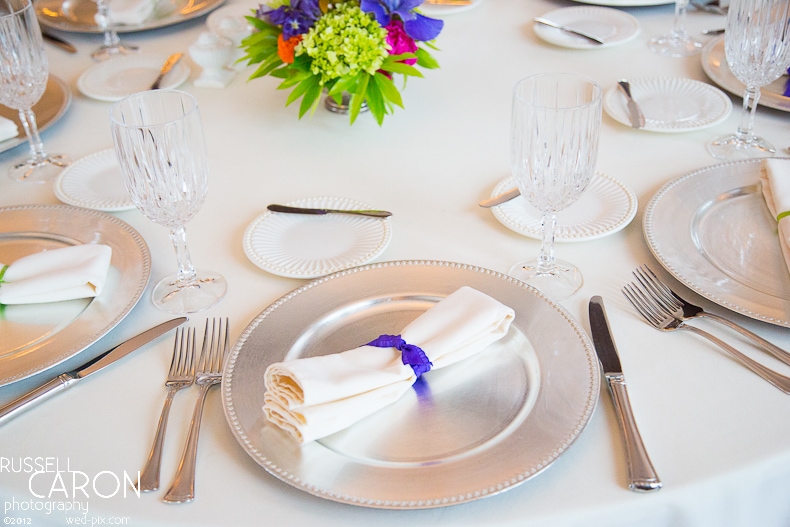 Reception place settings at French's Point wedding