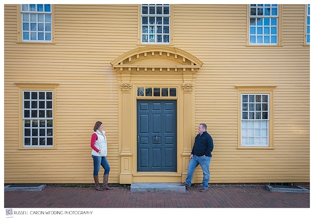 man and woman in front of colonial house in Portsmouth NH