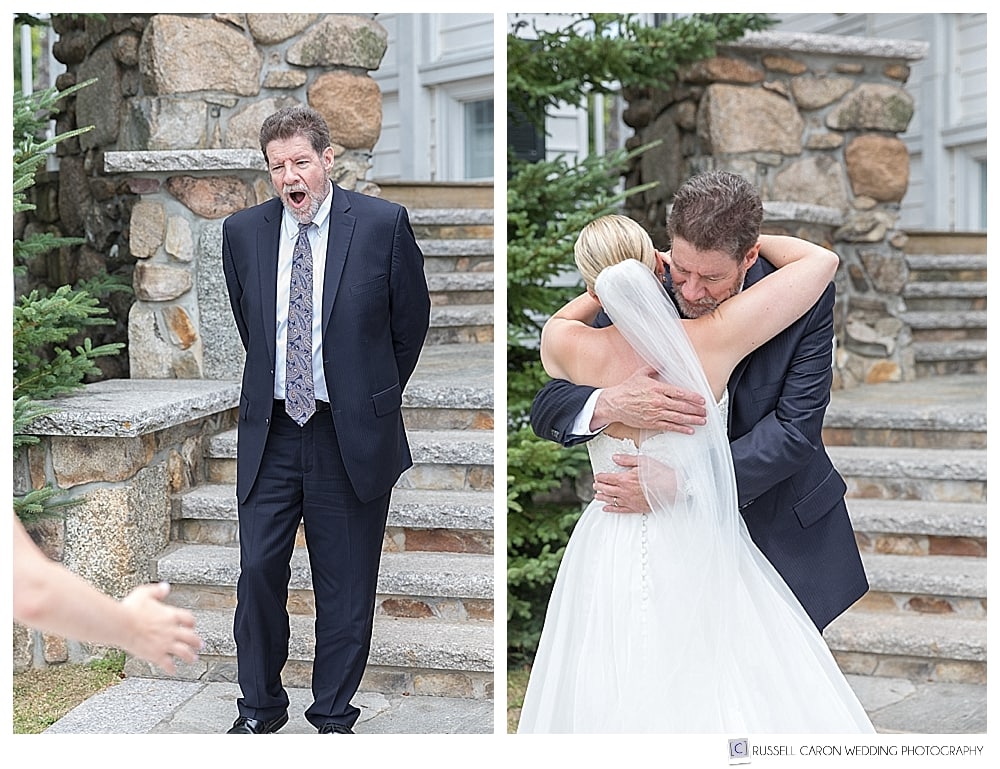 bride and her father have a tearful first look at the colony hotel, kennebunkport, maine wedding photographers