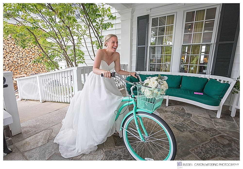 bride on her beautiful teal bicycle, gift from groom