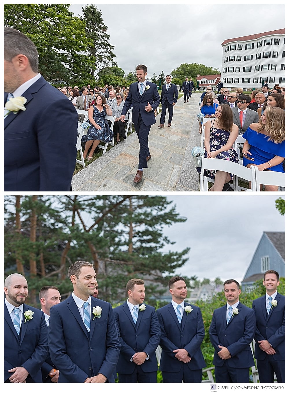 groom and groomsmen walking down the aisle at the Colony Hotel, Kennebunkport, Maine