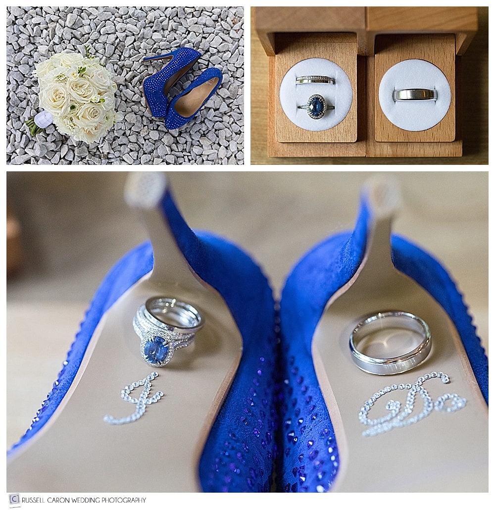 Bridal details, flowers, rings, blue shoes