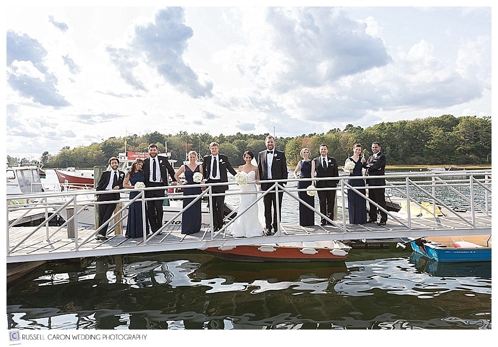 bridal party on the dock at elegant Nonantum Resort wedding, Kennebunkport, Maine