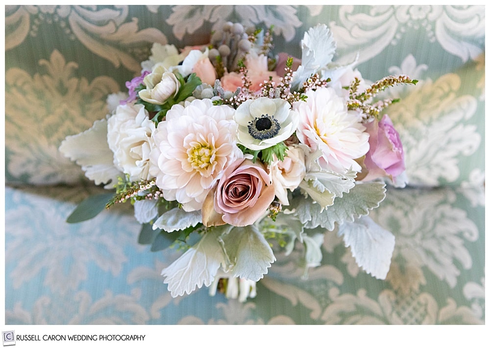 beautiful bridal bouquet of pink, white, blush, lavender, and green flowers by Seasons Downeast Designs