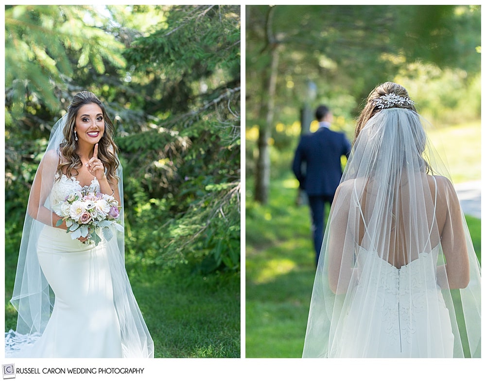 two side by side photos, one with a bride standing behind the groom, his back is to her; the other where she has her finger to her lips 