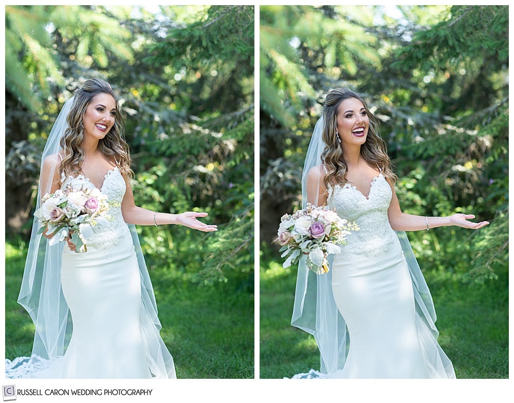 side by side photos of a bride holding her hands out as her groom sees her for the first time during a wedding day first look photo session