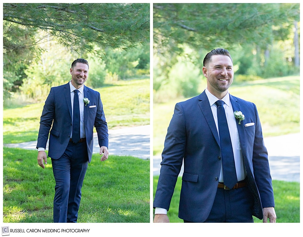 side by side photos of a broom in a blue suit, seeing his bride for the first time in a wedding day first look photo session