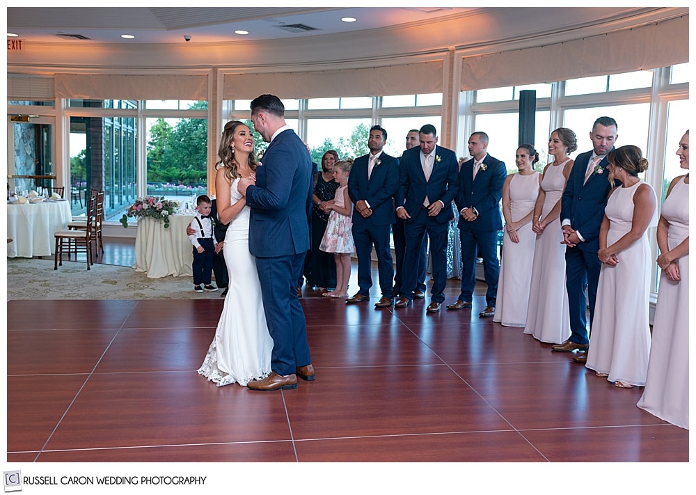 bride and groom during the first dance at their elegant point lookout wedding reception