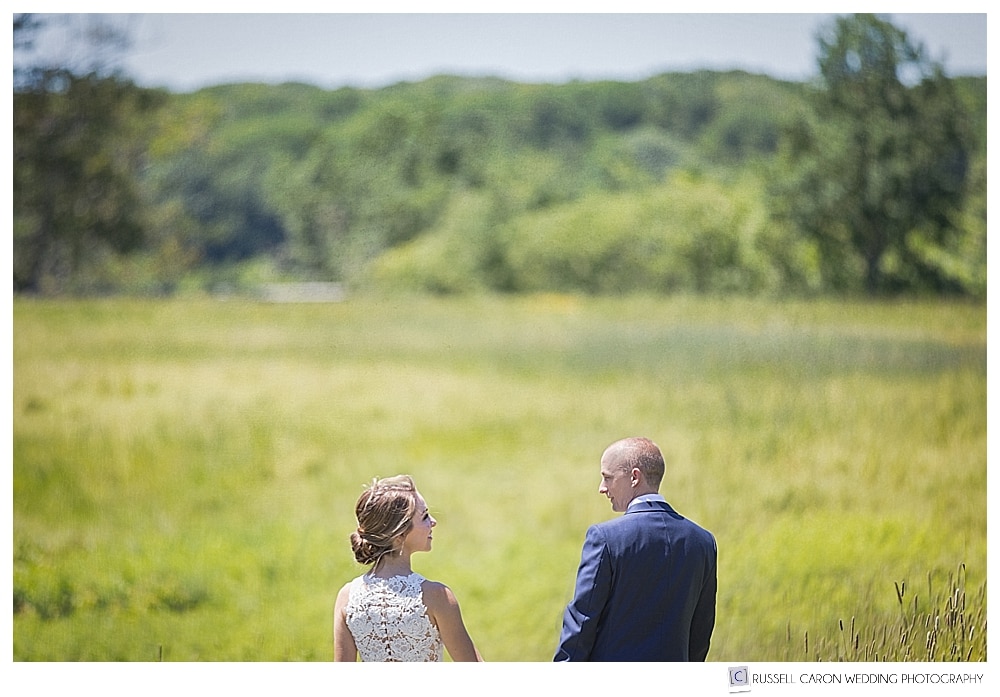 bride and groom looking at each other at Gilsland Farm Audubon Center, Falmouth, Maine.