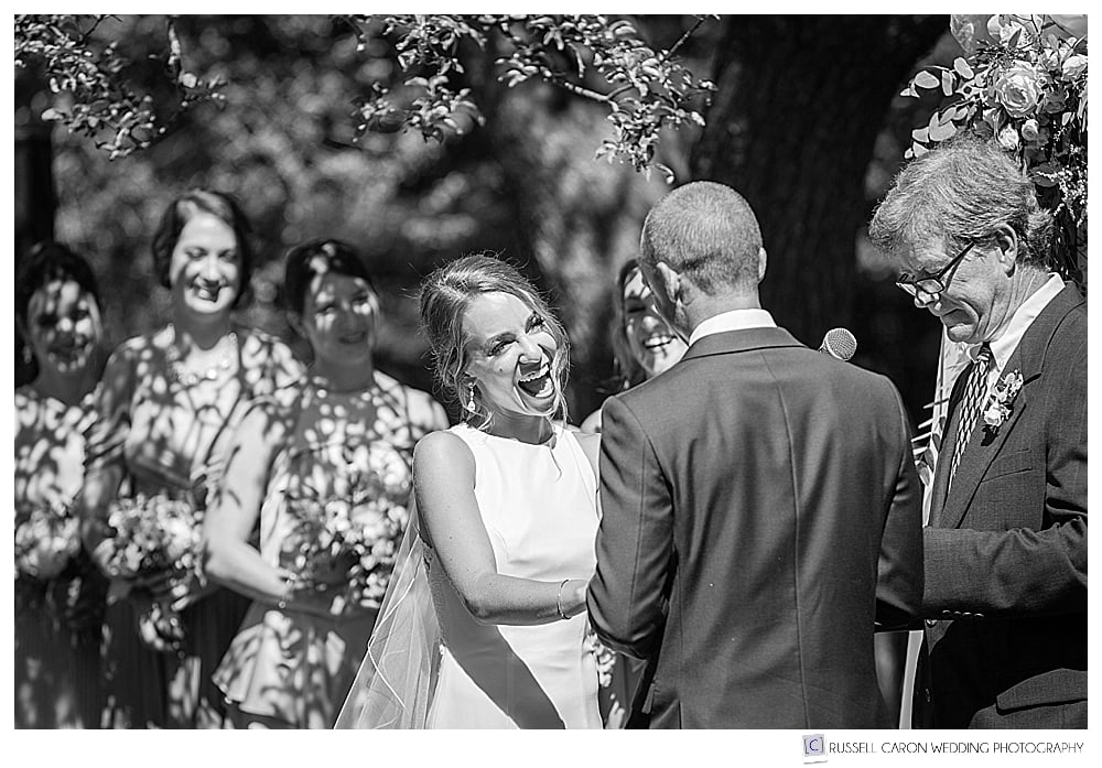 brides face during the vows at an outdoor wedding ceremony in Falmouth, Maine, at the Gilsland Farm Audubon Center
