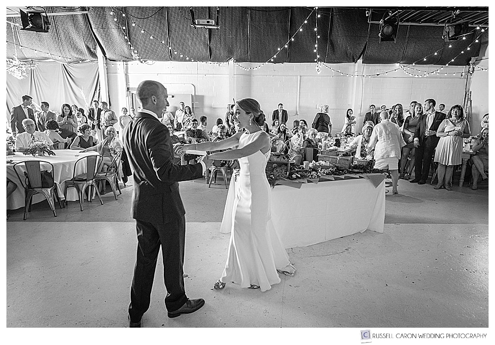 bride and groom dancing at their industrial chic maine wedding, O'maine Studios, Portland, Maine