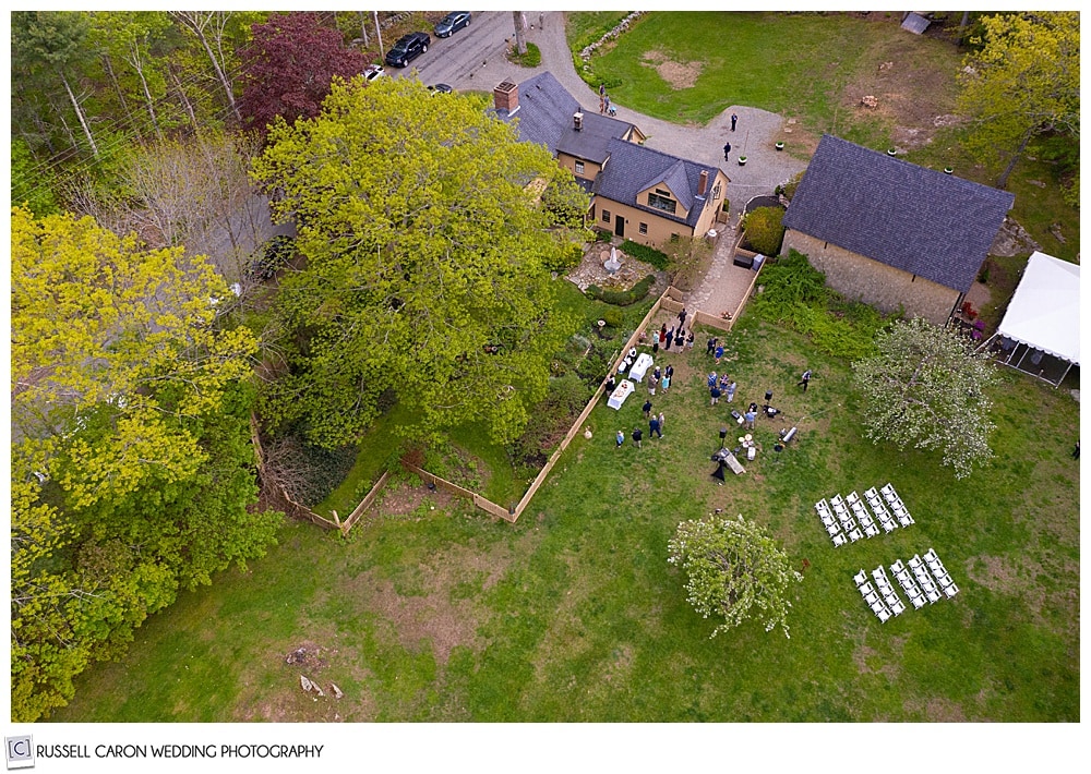 drone wedding photo of a backyard wedding in Cape Neddick Maine