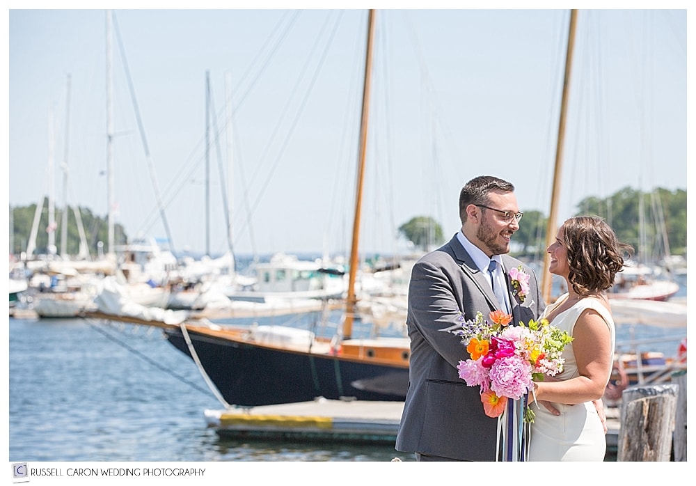 bride-and-groom-on-the-dock-at-camden-maine-harbor