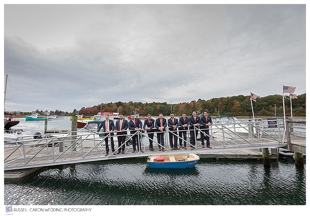 groom and groomsmen on Nonantum Resort dock Kennebunkport Maine