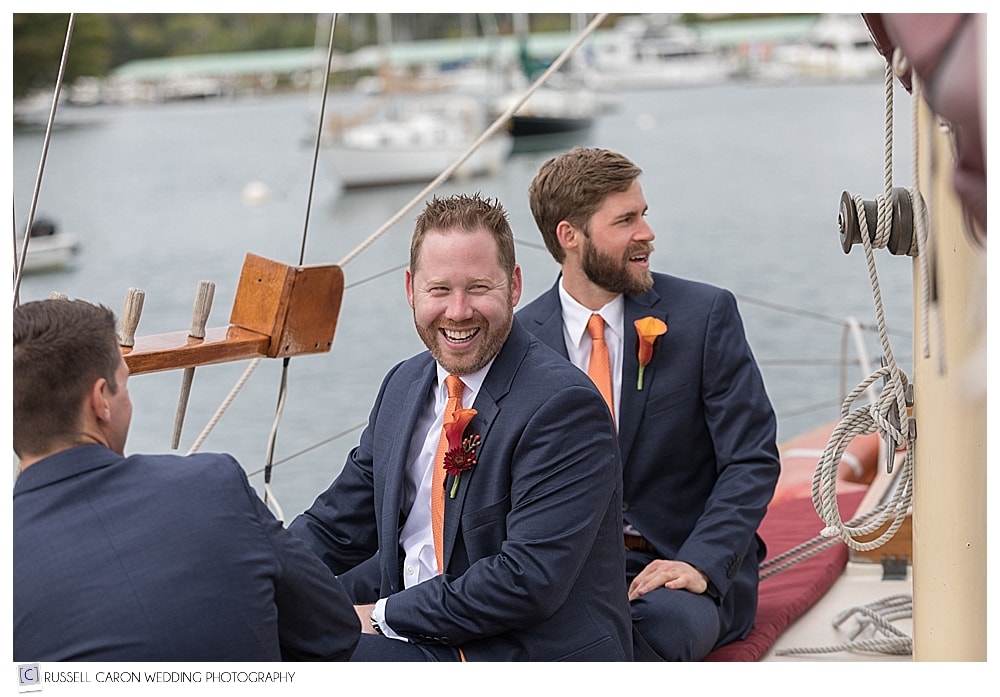 groom and groomsmen sailing, Kennebunkport Maine