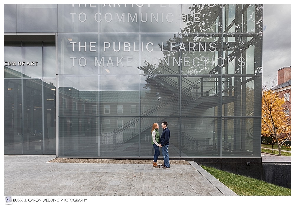 engaged couple standing in front of Colby College Museum of Art