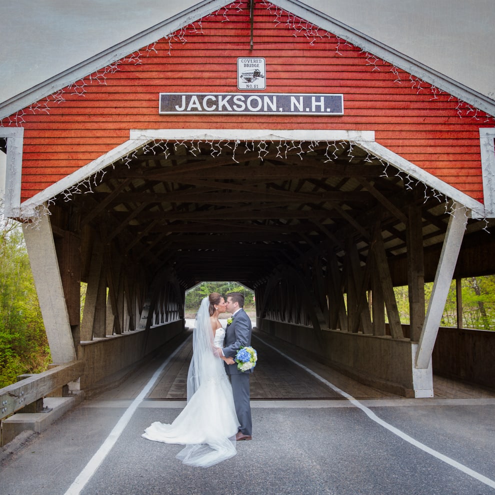 Wedding photo at the covered bridge, Jackson, NH