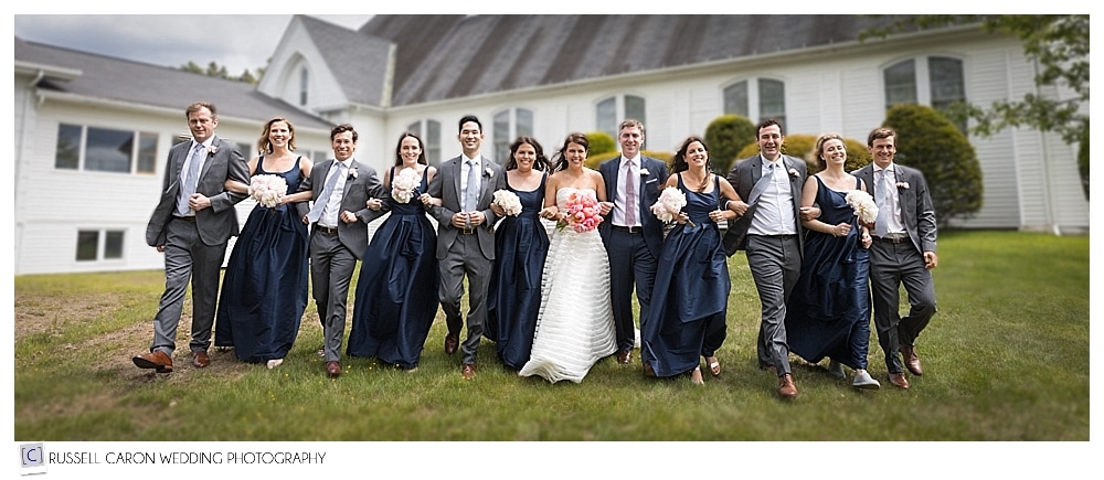 bridal party on the lawn at Our Lady Queen of Peace Church, Boothbay Harbor, Maine