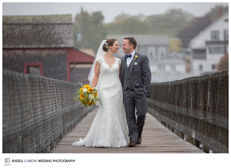 Bride and groom on Boothbay Harbor footbridge