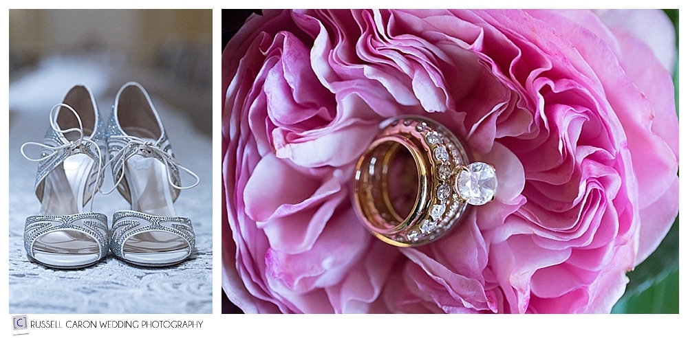 wedding rings in pink ranunculus