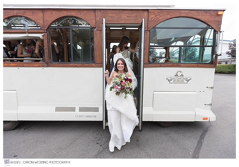 bride getting off trolley
