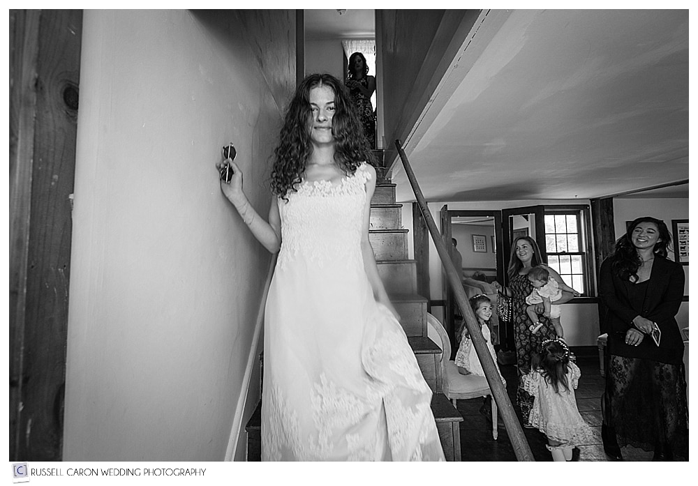 bride coming down the stairs at shady lane farm new gloucester maine