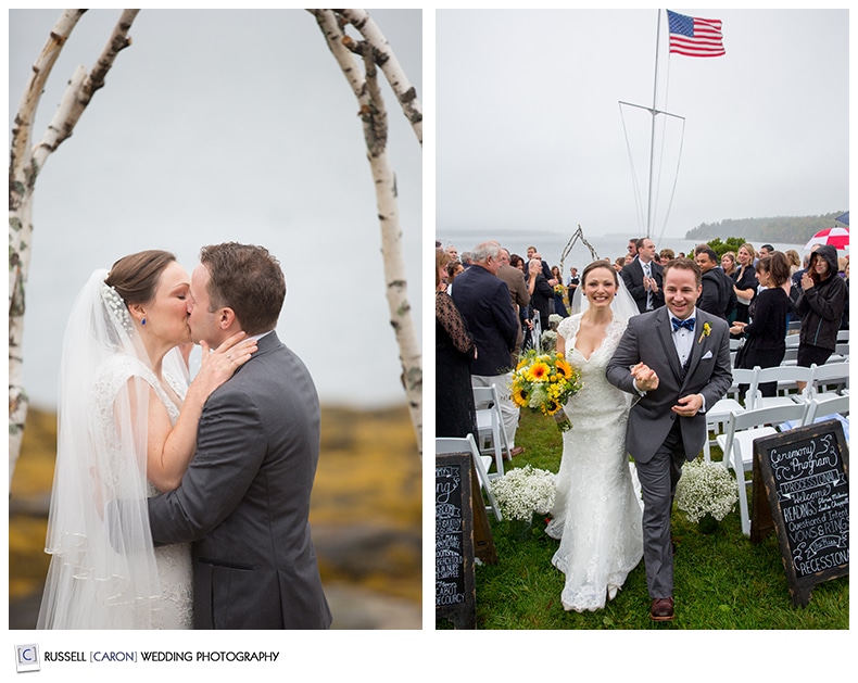 Bride and groom during first kiss and during recessional