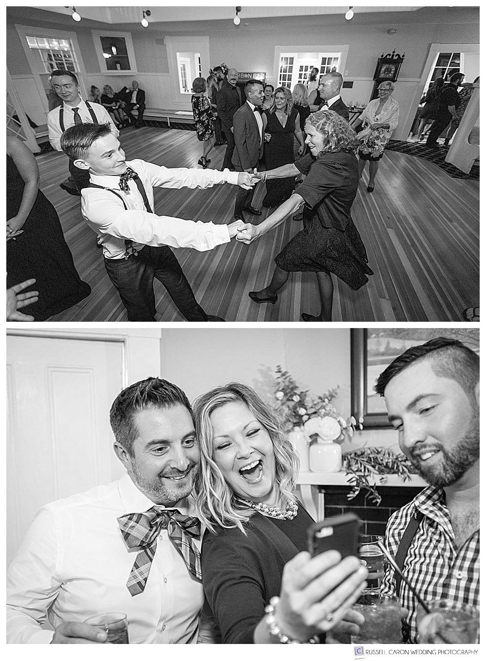black and white photos of wedding reception fun