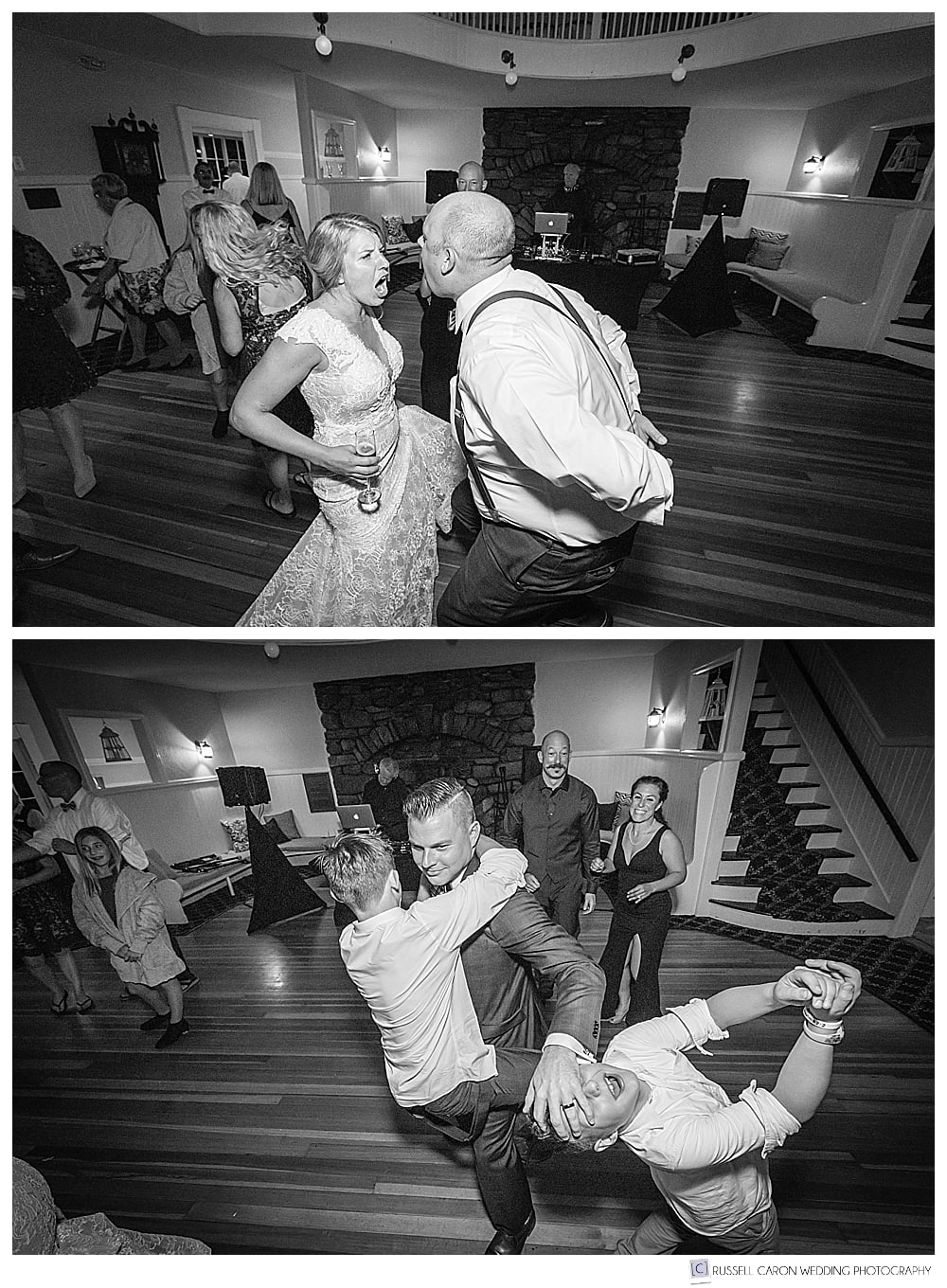 black and white photos of bride and groom having fun at their wedding reception