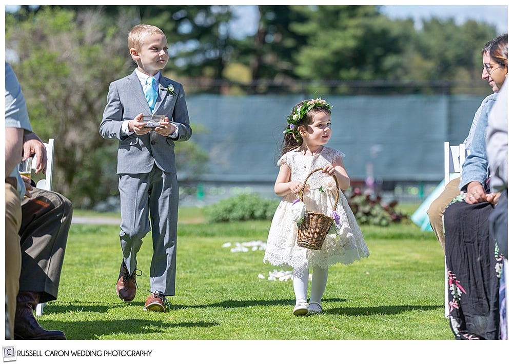 flower girl and ring bearer walking down the aisle at the York Golf and Tennis Club, York Maine wedding