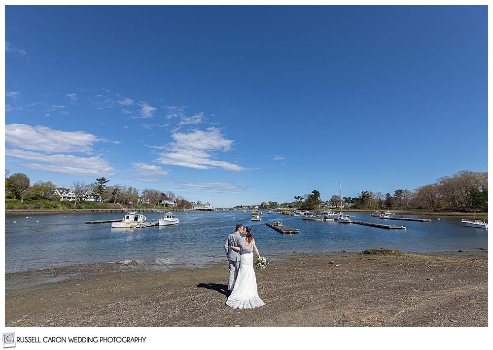 bride and groom on a beach on the York River, York, Maine