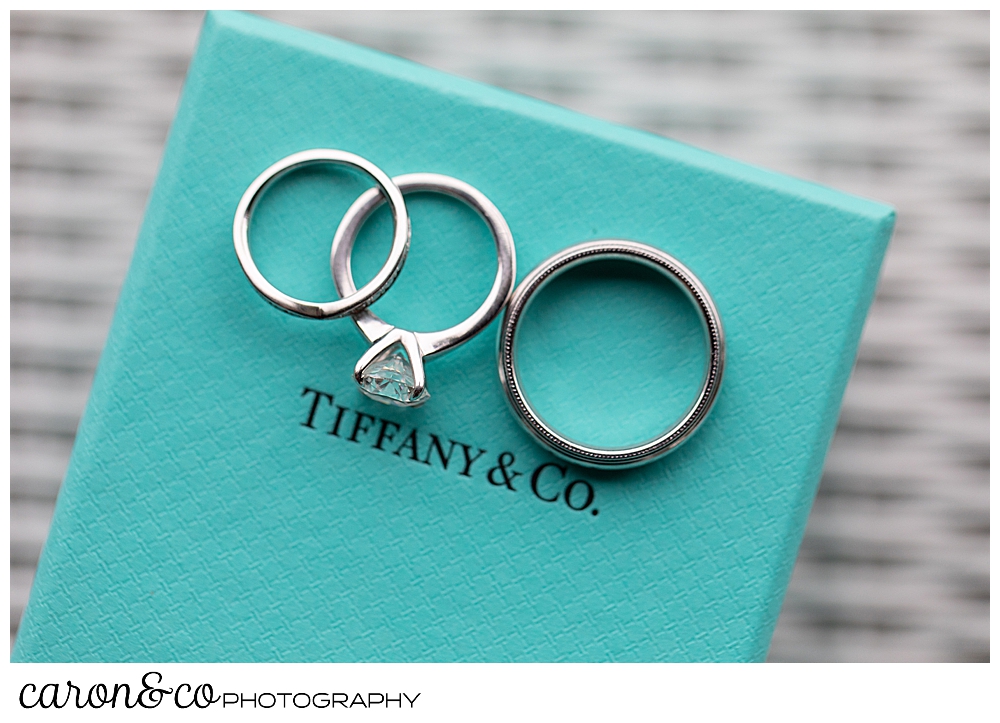 wedding rings on a blue Tiffany & Co box, Grey Havens Inn wedding