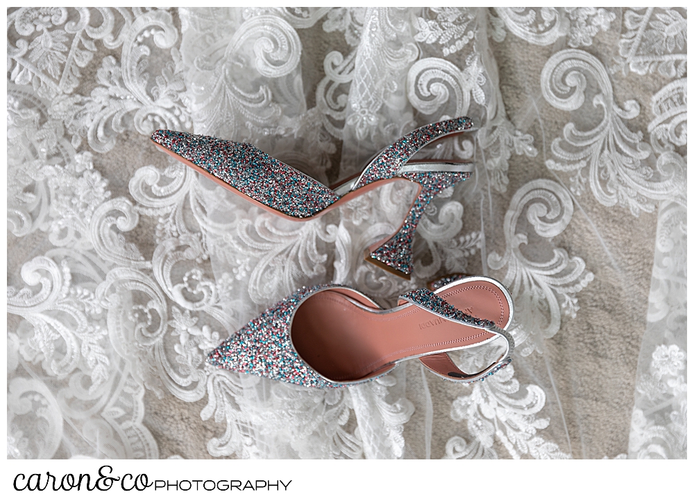 beautiful amina muaddi sparkly shoes for a Grey Havens wedding, Georgetown Maine