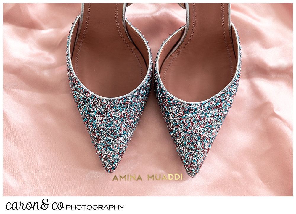 gorgeous amina muaddi shoes with multicolored sparkles for a Gray Havens Inn Maine wedding