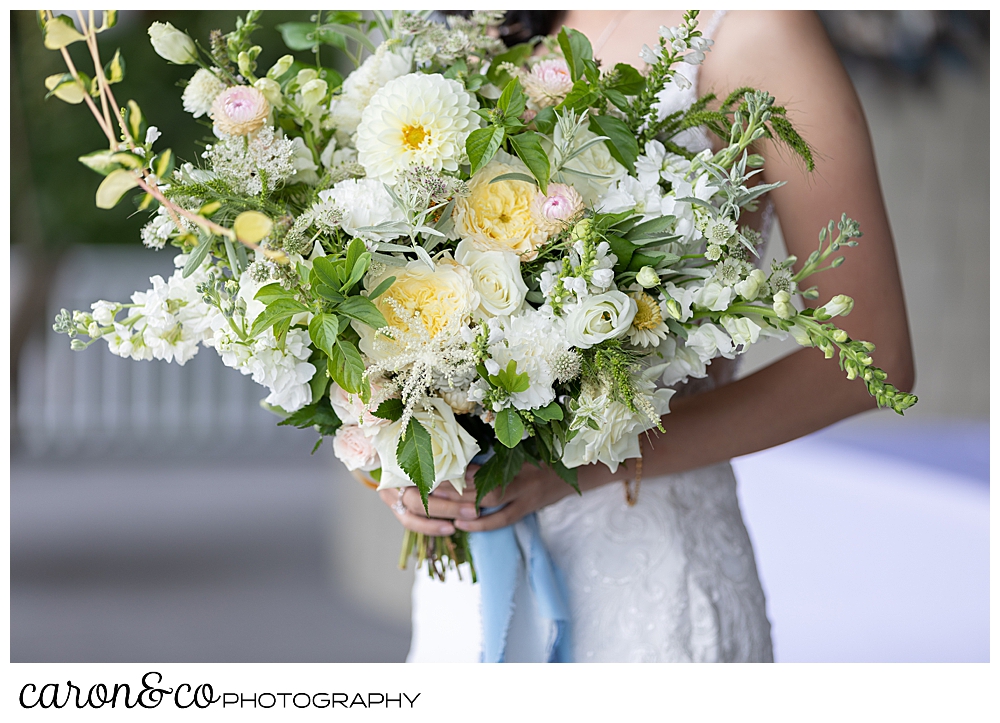 gorgeous white, yellow, pink and green wedding bouquet by Bad Rabbit Flowers, for a Grey Havens Inn wedding, Georgetown, Maine