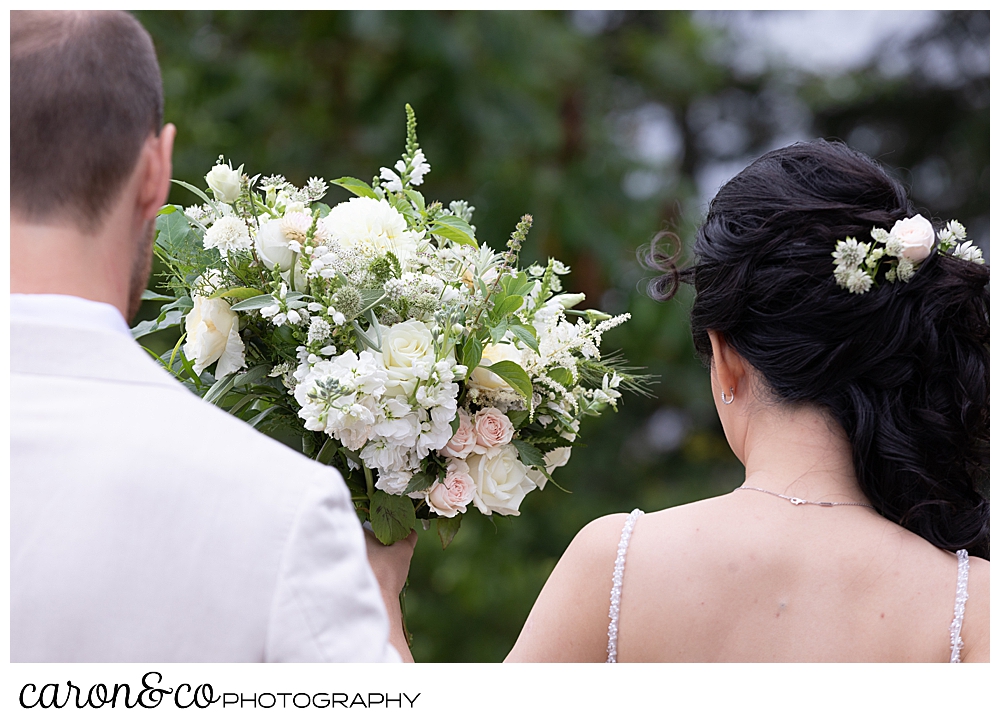 bride, groom, and Bad Rabbit Flowers bouquet at a Grey Havens Inn wedding, Georgetown Maine