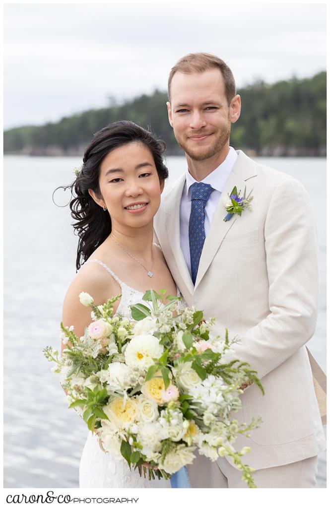 bride and groom portrait at coastal Maine Grey Havens Inn wedding, Georgetown Maine