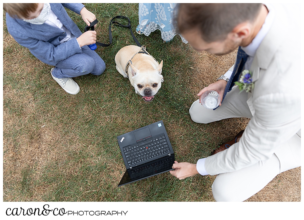 groom with computer surrounded by his dog, ring bearer, and flower girl at a Grey Havens Inn wedding