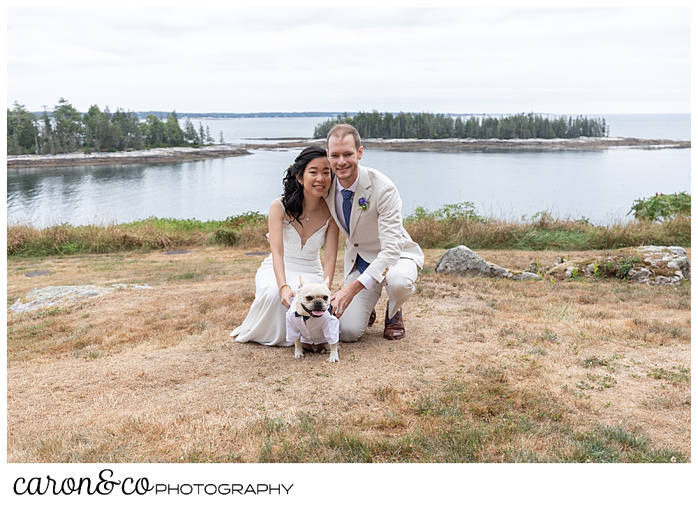 bride and groom with their dog on the lawn at their Grey Havens Inn wedding, Georgetown Maine