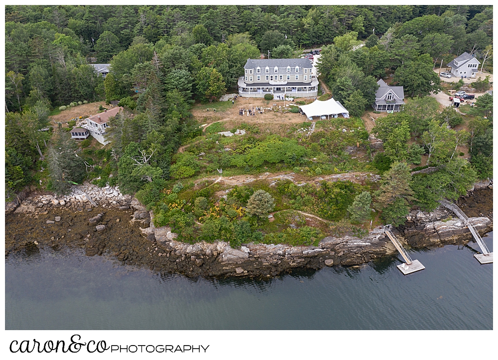 Drone wedding photo at a Grey Havens Inn wedding reception, Georgetown Maine