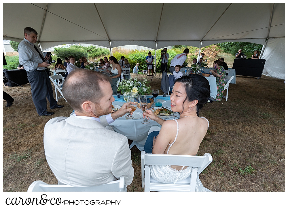 bride and groom toast during their Grey Havens Inn wedding reception, Georgetown Maine